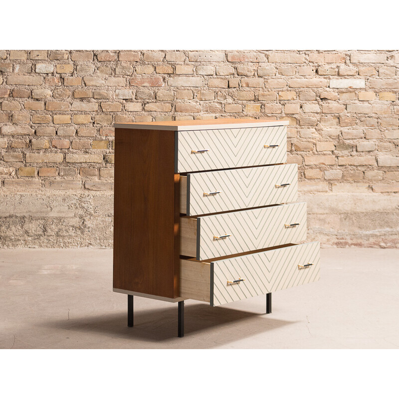 Vintage teak chest of drawers with 4 drawers in blue and white graphics