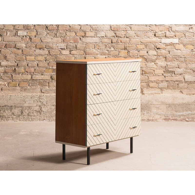 Vintage teak chest of drawers with 4 drawers in blue and white graphics