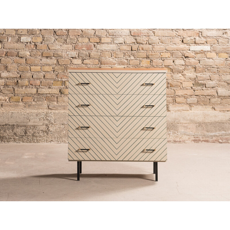 Vintage teak chest of drawers with 4 drawers in blue and white graphics