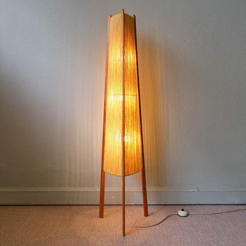 Vintage teak and jute Scandinavian tripod floor lamp, 1960s