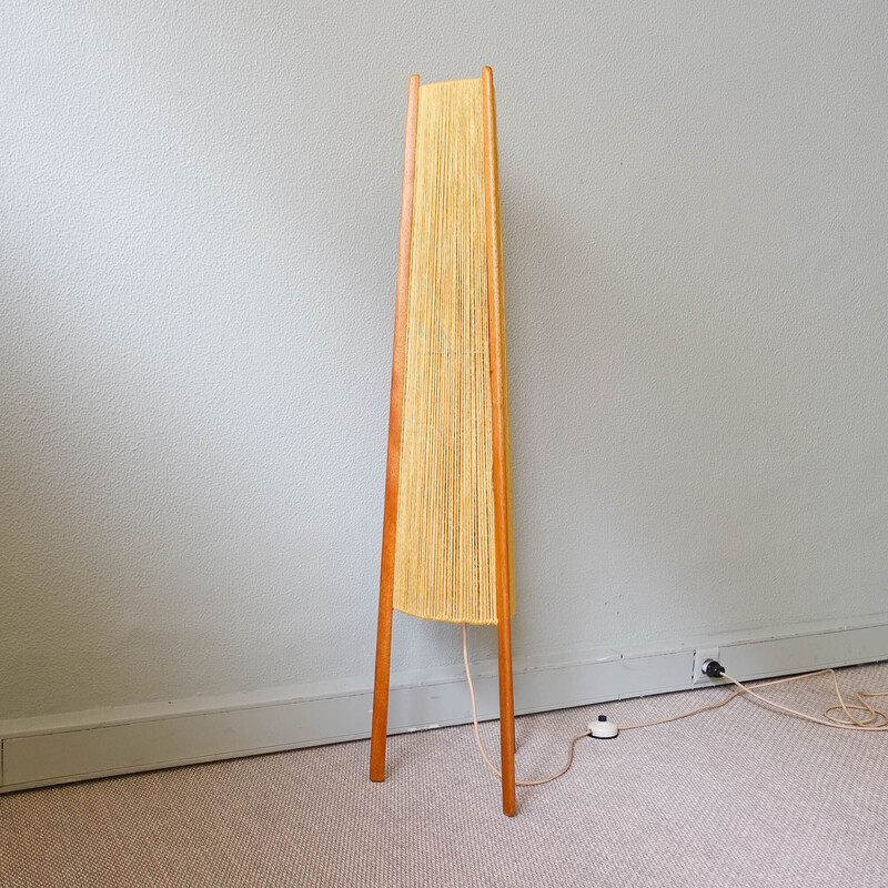 Vintage teak and jute Scandinavian tripod floor lamp, 1960s