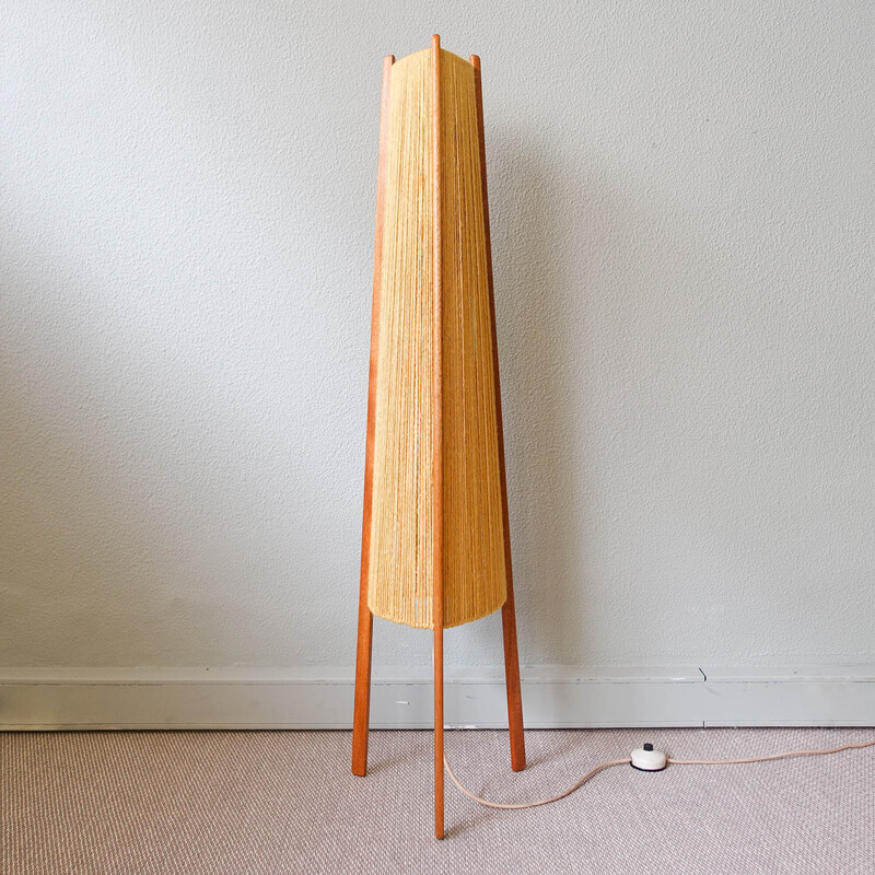 Scandinavische vintage teak en jute driepoot vloerlamp, 1960