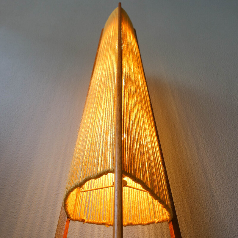 Vintage teak and jute Scandinavian tripod floor lamp, 1960s