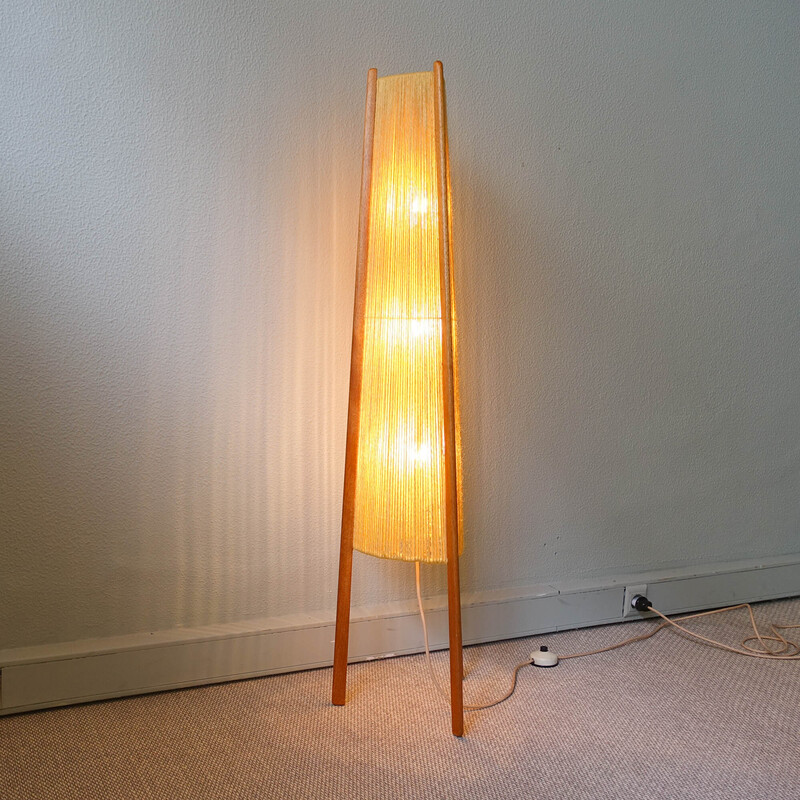 Scandinavische vintage teak en jute driepoot vloerlamp, 1960