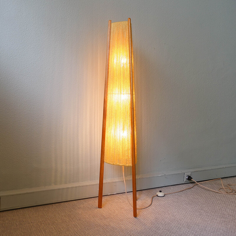 und Vintage-Dreibein-Stehlampe Teakholz Jute, Skandinavische 1960 aus