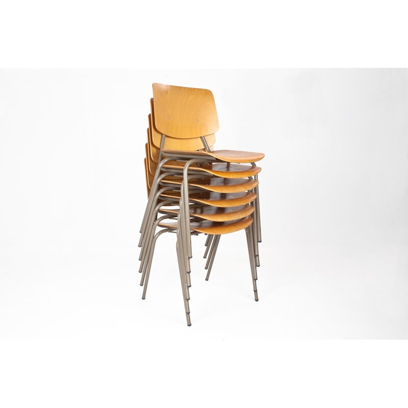 Suite de 4 chaises d'école industrielles "modèle 305" Car Katwijk, Kho LIANG LE - 1950