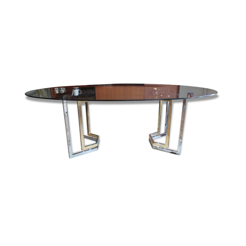 Oval dining table in chromed metal and smoked glass Roche Bobois - 1970s