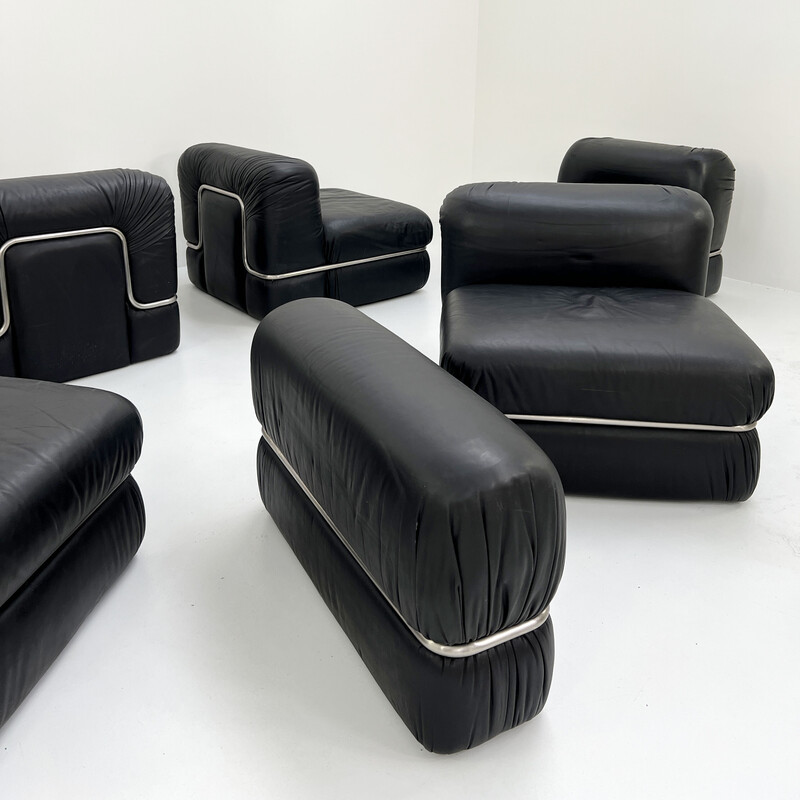 Sofá modular vintage de 5 plazas en cuero negro de Rodolfo Bonetto para Tecnosalotto, años 60
