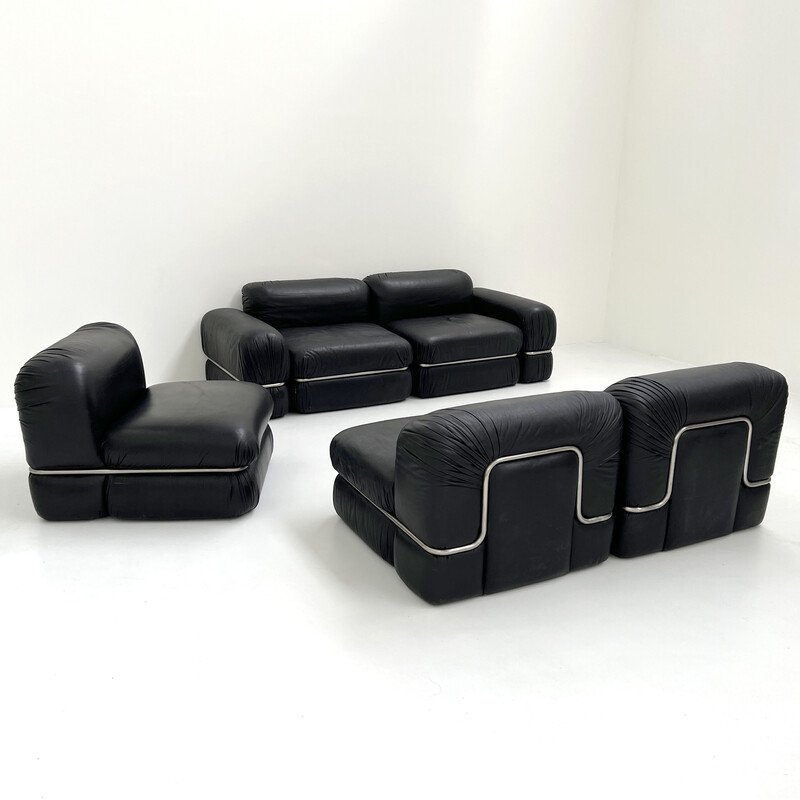 Sofá modular vintage de 5 plazas en cuero negro de Rodolfo Bonetto para Tecnosalotto, años 60
