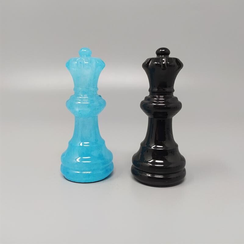Jogo de xadrez artesanal de Volterra, Itália 1970, azul vintage e preto
