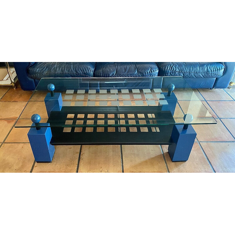 Vintage geometric blue coffee table, 1980