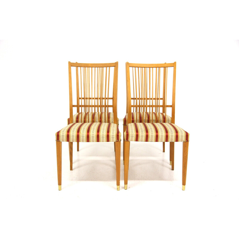 Lot de 4 chaises vintage en hêtre et tissu, Suède 1960