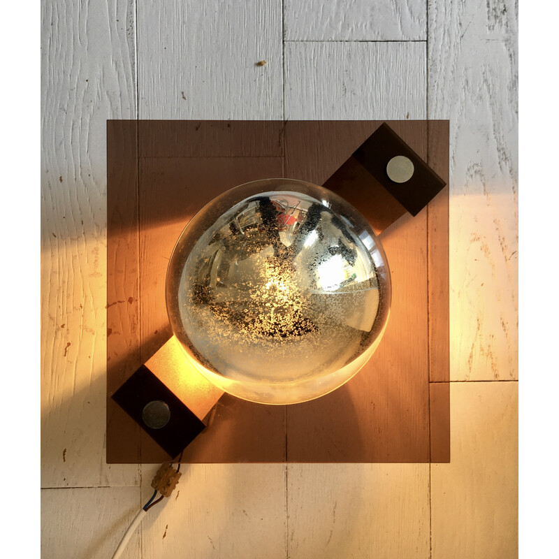 Pair of vintage spherical wall lamps in smoked plexiglas and glass, 1970