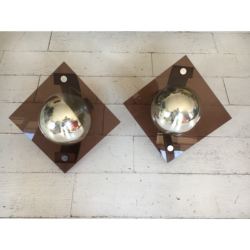 Pair of vintage spherical wall lamps in smoked plexiglas and glass, 1970