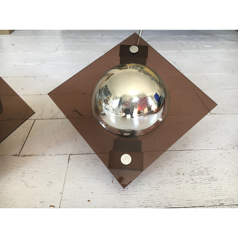 Pair of vintage spherical wall lamps in smoked plexiglas and glass, 1970