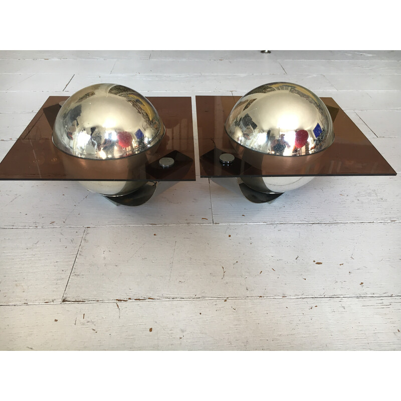 Pair of vintage spherical wall lamps in smoked plexiglas and glass, 1970