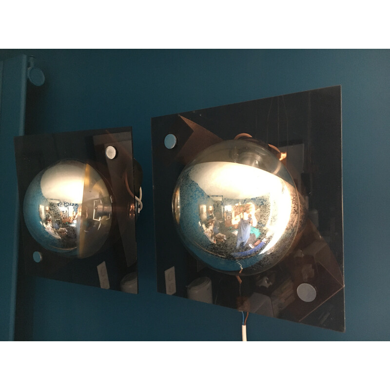 Pair of vintage spherical wall lamps in smoked plexiglas and glass, 1970