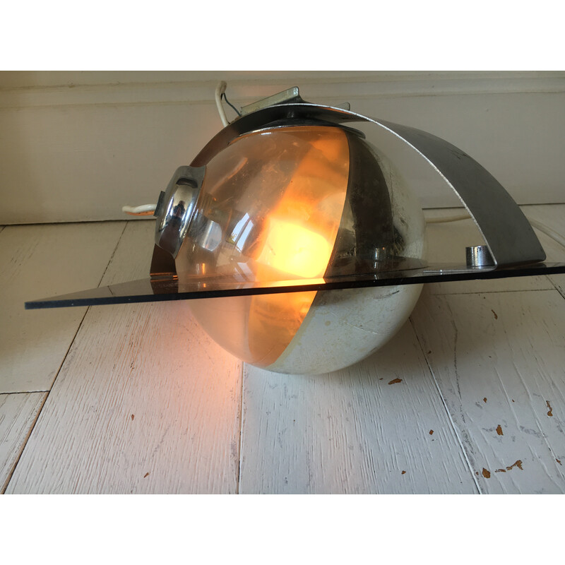 Pair of vintage spherical wall lamps in smoked plexiglas and glass, 1970