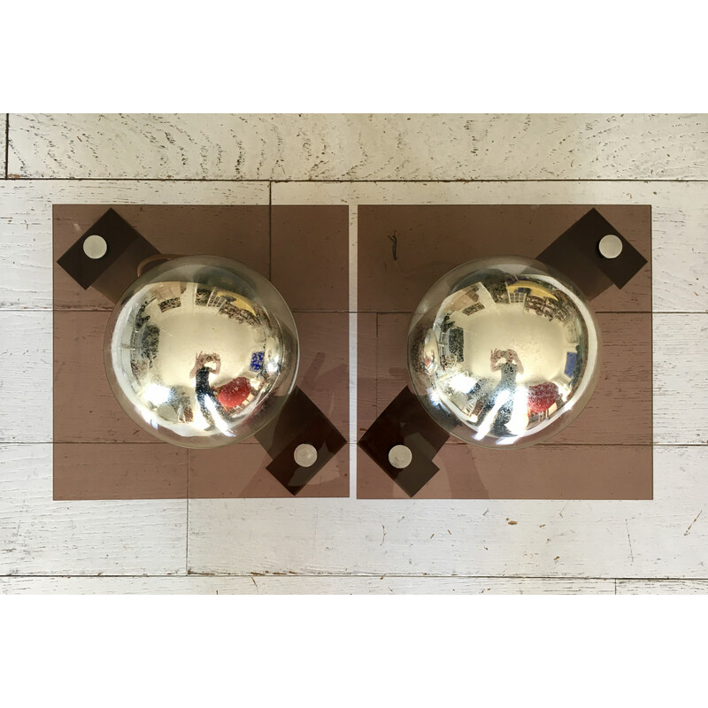 Pair of vintage spherical wall lamps in smoked plexiglas and glass, 1970