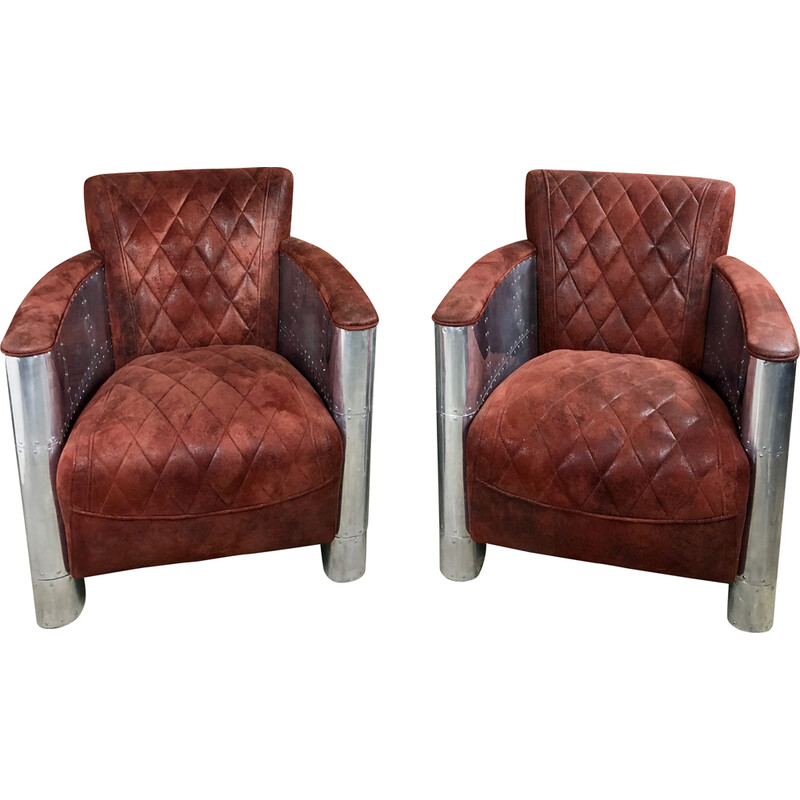 Pair of vintage "Carlingue" club chairs in chromed aluminum and nubuck, 1990