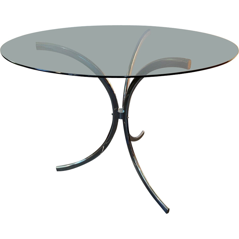 Table ronde vintage en verre fumé et structure chromée, 1970