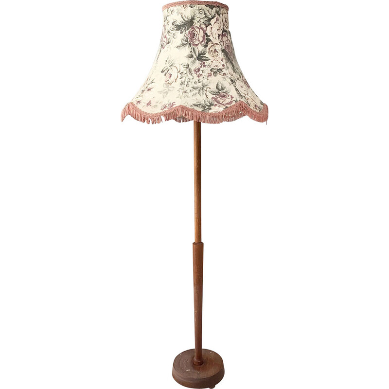 Vintage teakhouten vloerlamp met grote gebloemde kap, 1960