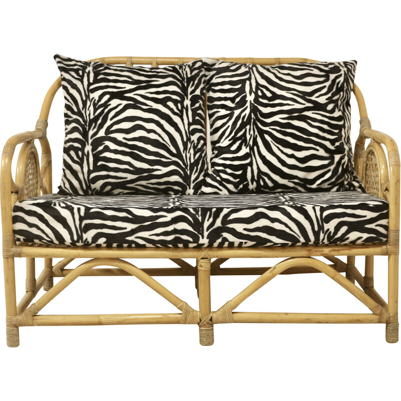 Vintage 2 seater sofa in rattan and fabric, 1960