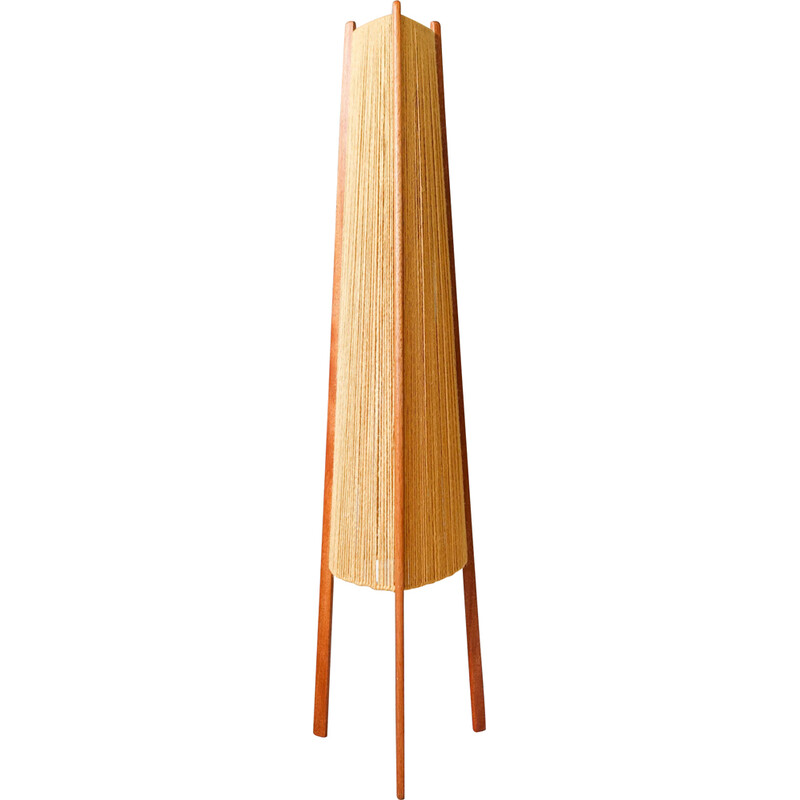 Vintage teak and jute Scandinavian tripod floor lamp, 1960s