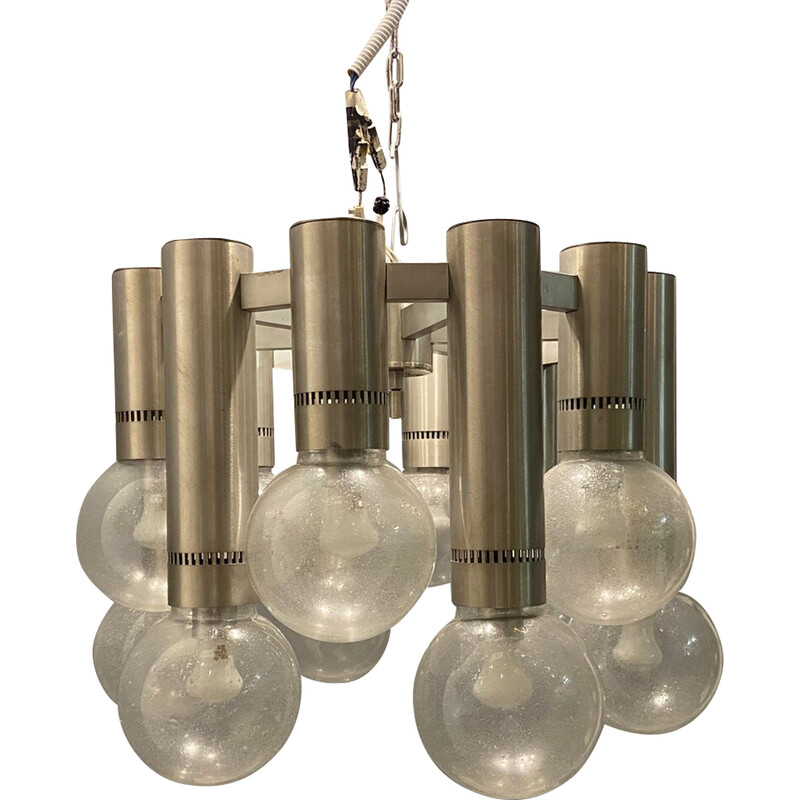 Lámpara de suspensión vintage en cromo y cristal de Murano de Gaetano Sciolari