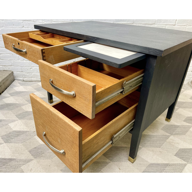 Bureau de professeur vintage en chêne avec 3 tiroirs