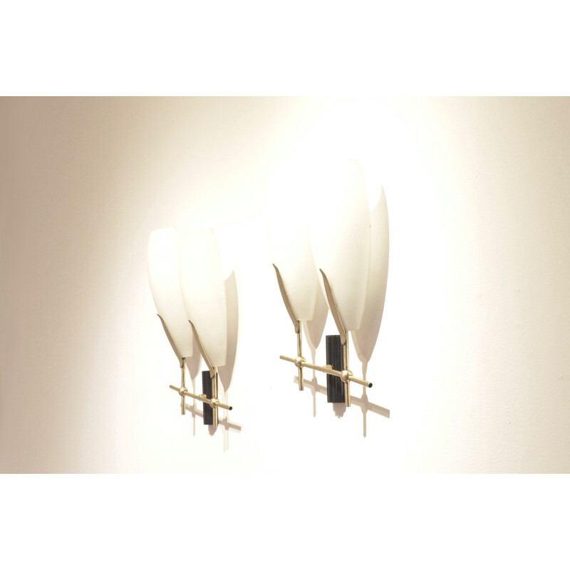 Pair of double bamboo brass and opaline glass wall lights - 1950s