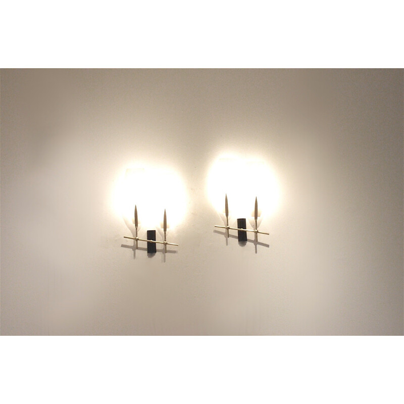 Pair of double bamboo brass and opaline glass wall lights - 1950s