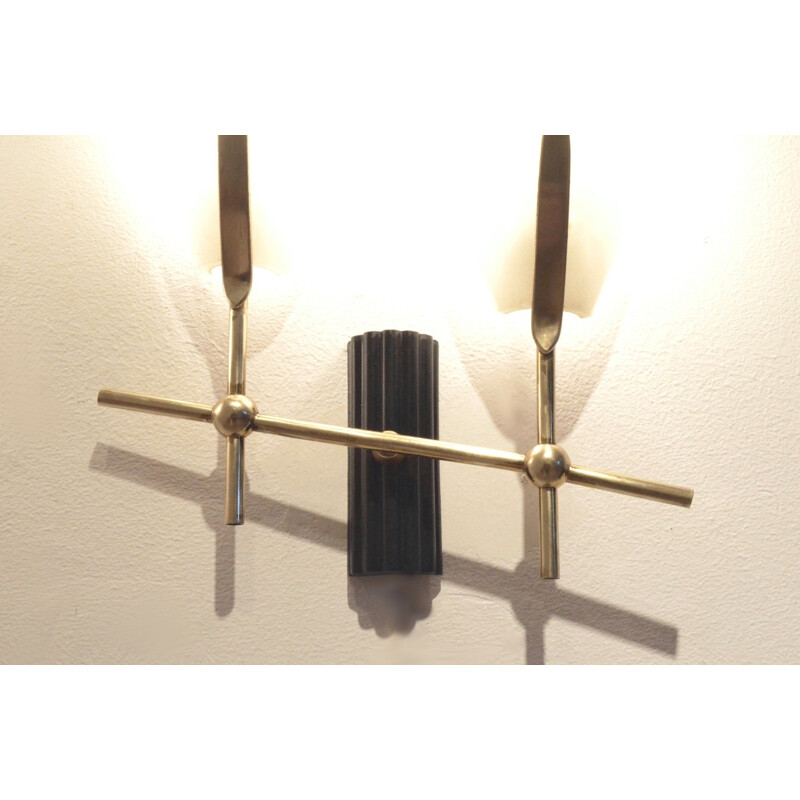 Pair of double bamboo brass and opaline glass wall lights - 1950s