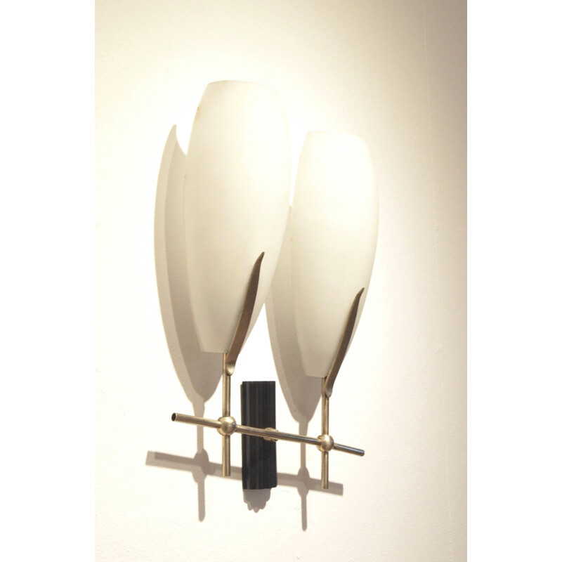 Pair of double bamboo brass and opaline glass wall lights - 1950s