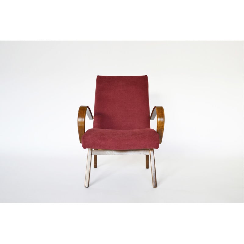 Vintage Burgundy red model 53 armchair by Jaroslav Smidek for Ton, 1960s