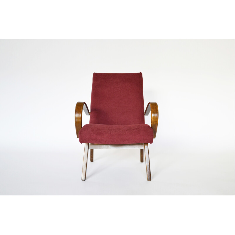 Souvenir Verraad bord Vintage bordeaux rode fauteuil model 53 van Jaroslav Smidek voor Ton, 1960
