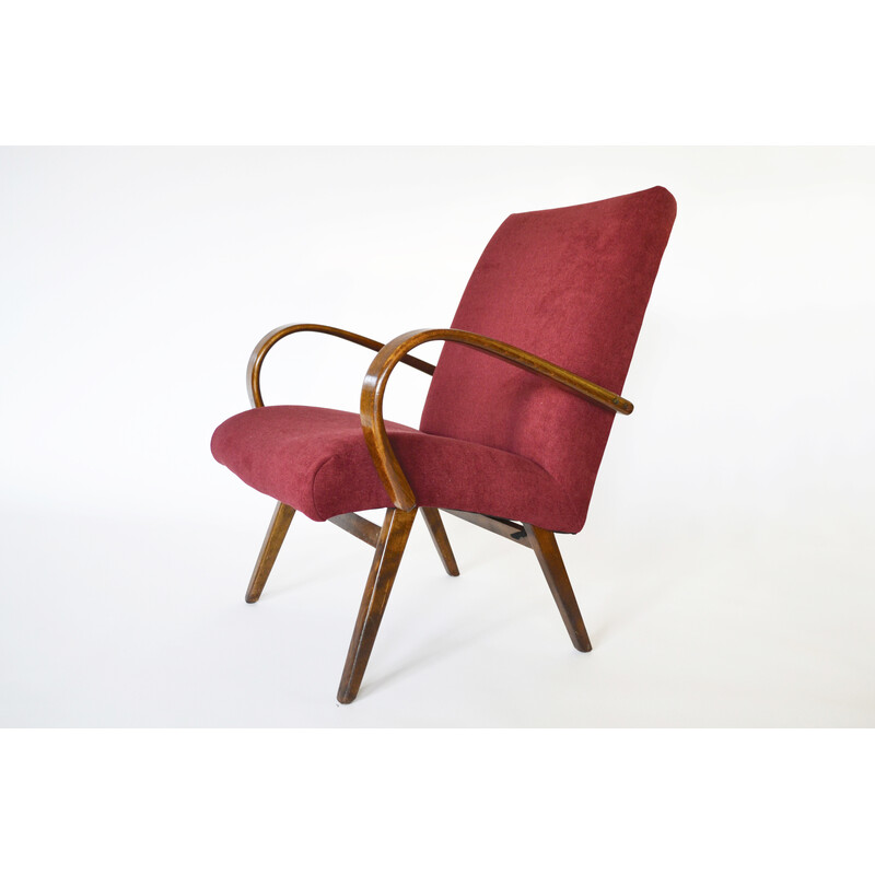 Vintage Burgundy red model 53 armchair by Jaroslav Smidek for Ton, 1960s
