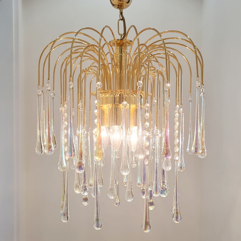 Vintage Murano glass and brass Teardrop Waterfall chandelier, Italy 1970s