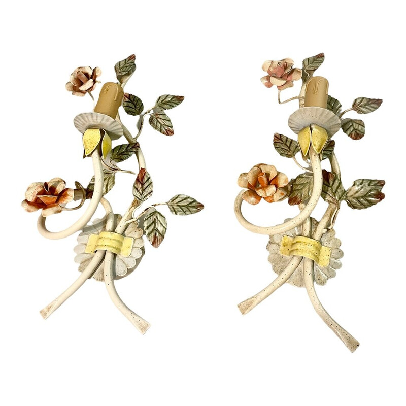 Pair of vintage Italian tole flower wall lamps