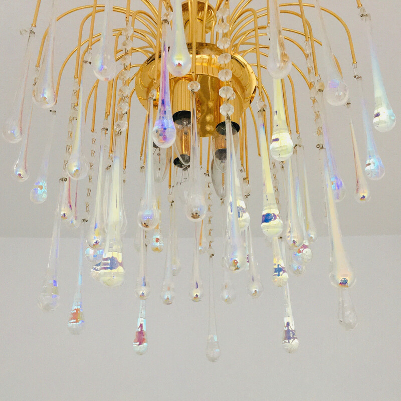 Vintage Murano glass and brass Teardrop Waterfall chandelier, Italy 1970s