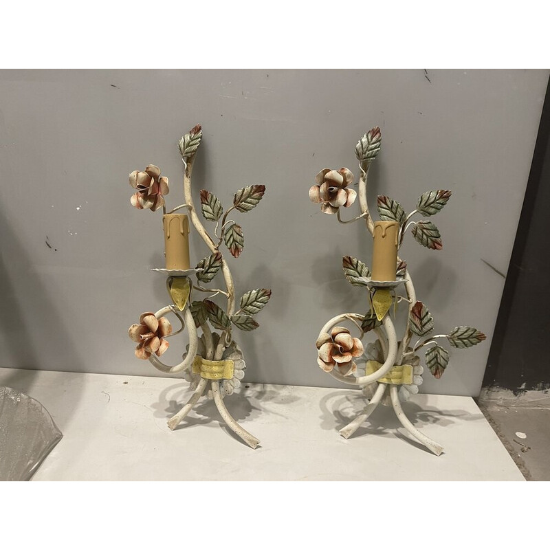 Pair of vintage Italian tole flower wall lamps