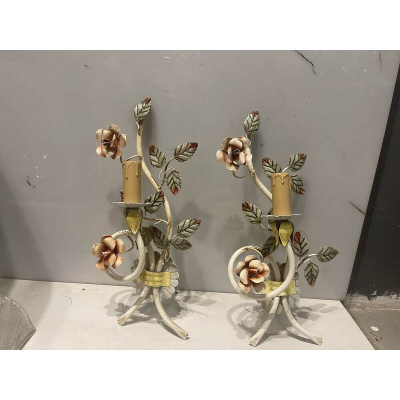 Pair of vintage Italian tole flower wall lamps