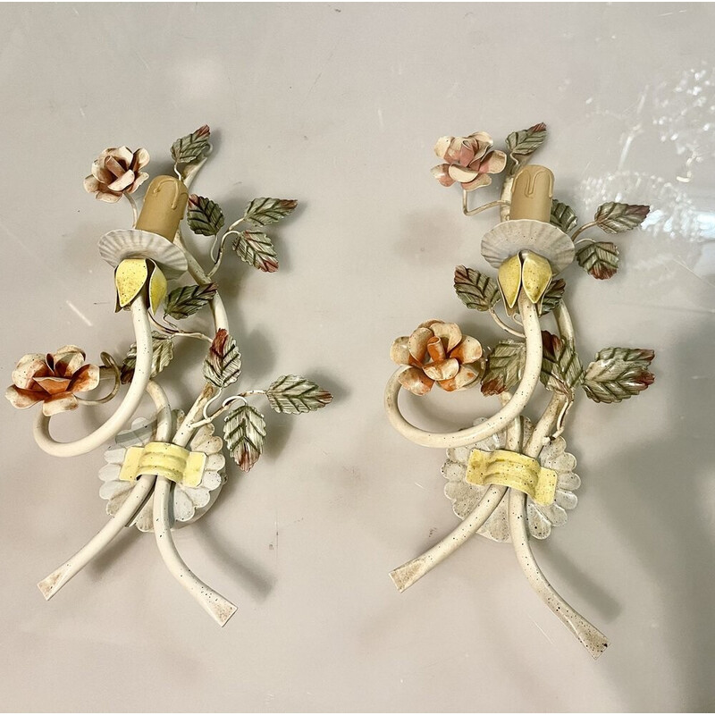 Coppia di appliques italiane vintage a fiori in metallo