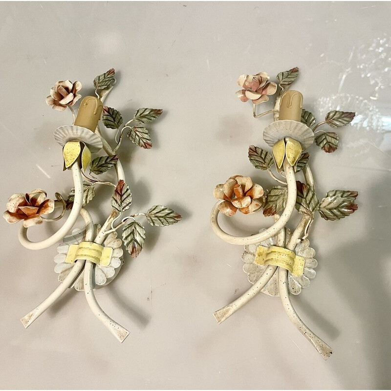 Pair of vintage Italian tole flower wall lamps