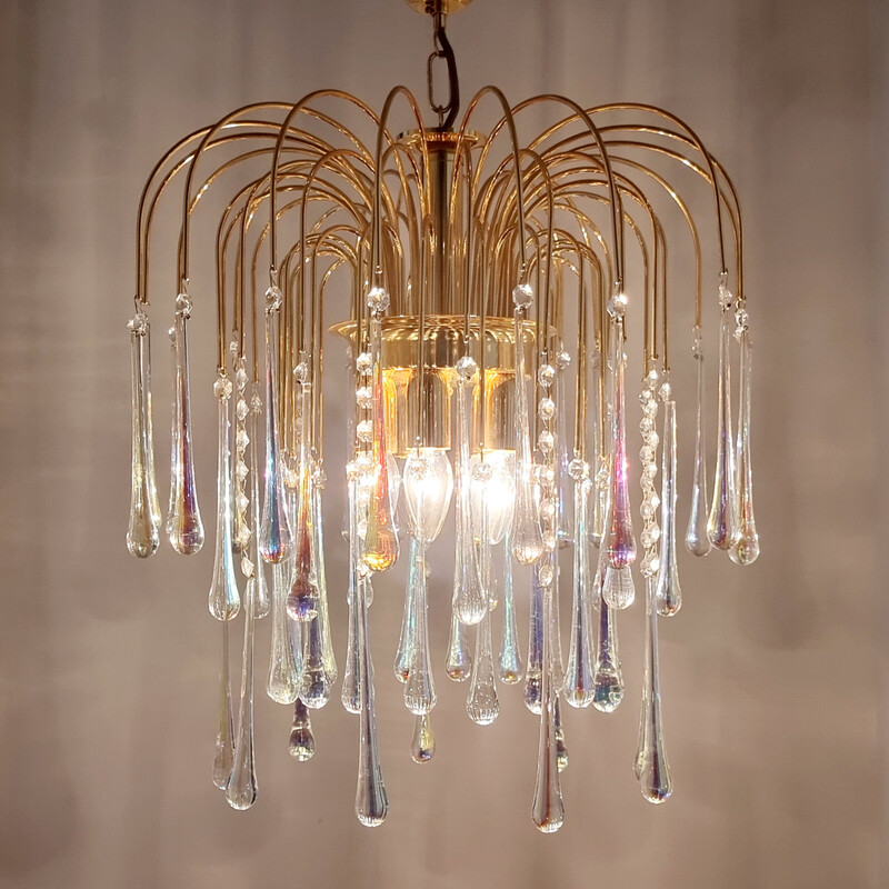 Vintage Murano glass and brass Teardrop Waterfall chandelier, Italy 1970s