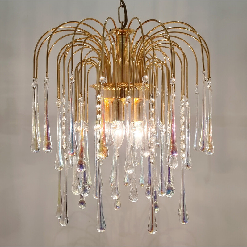 Vintage Murano glass and brass Teardrop Waterfall chandelier, Italy 1970s