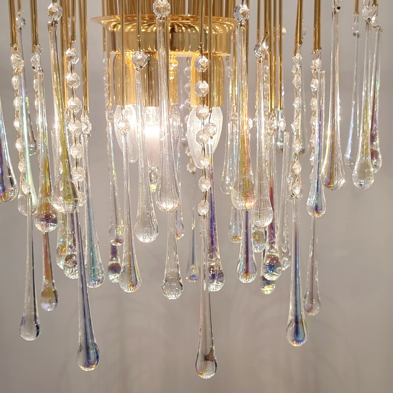 Vintage Murano glass and brass Teardrop Waterfall chandelier, Italy 1970s