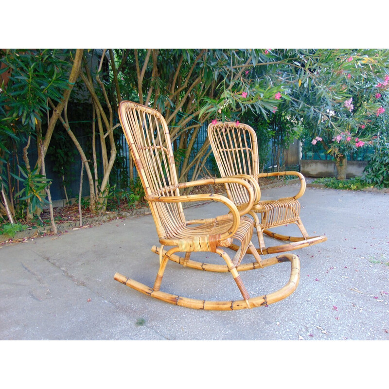 Coppia di sedie a dondolo vintage in bambù