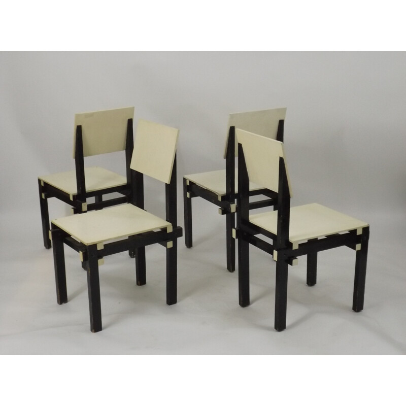 Vintage set of 4 black military chairs, 1930