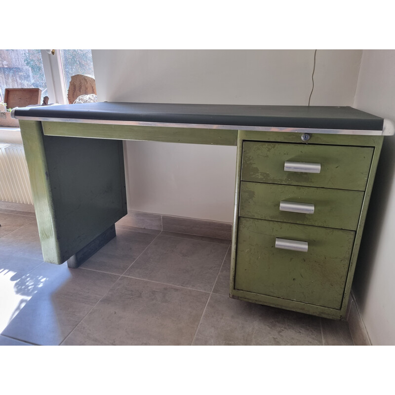 Bureau industriel vintage Straford en métal vert olive et skaï